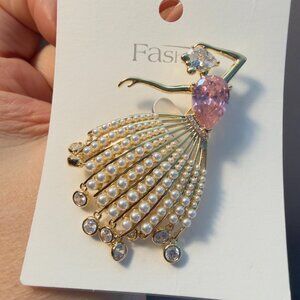 Dancer Brooch Faux Pearl Skirt Pink Crystal Gold Tone 2"